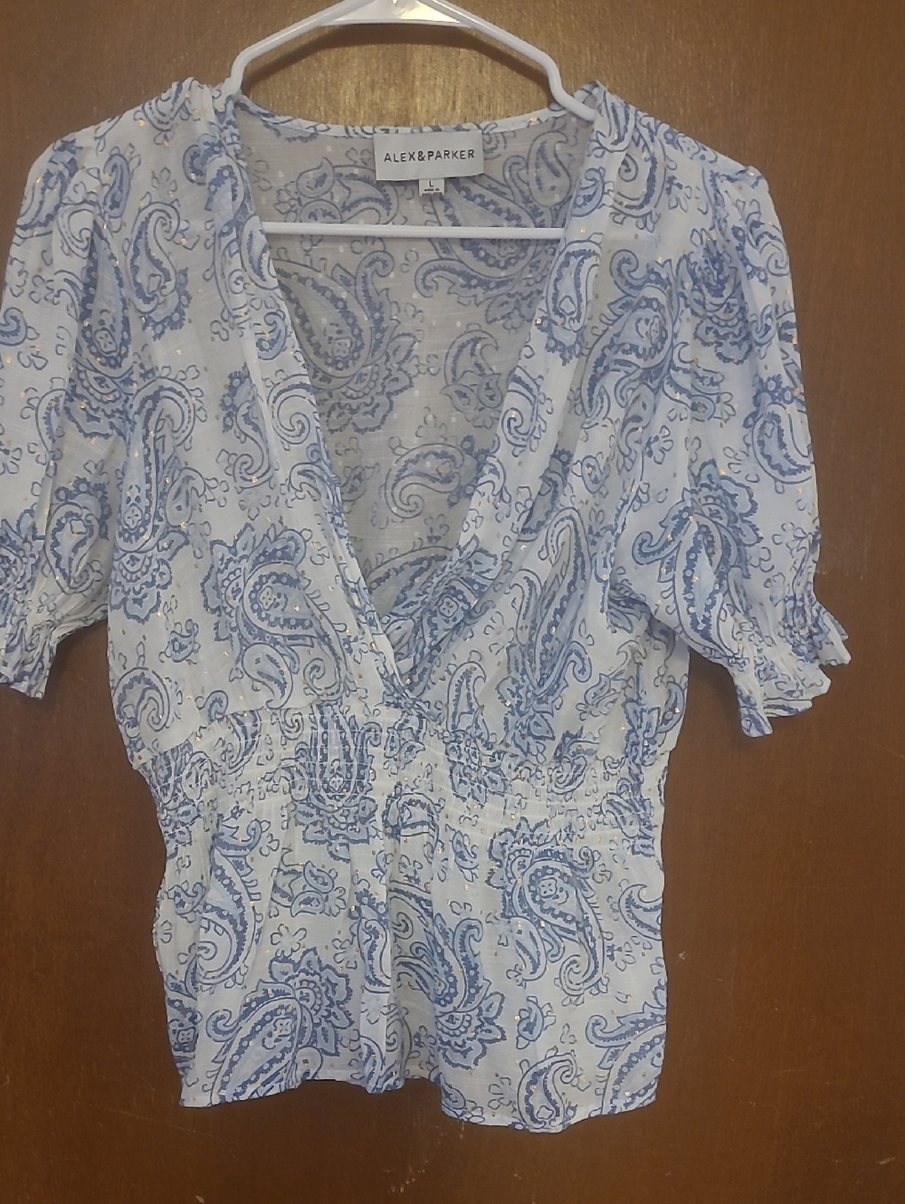Alex & Parker Blue Paisley Wrap-Style Blouse